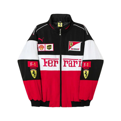 Ferrari Retro Formula 1 Racing Jacket in retro Ferrari styling, highlighting the full-length zip and side pockets. Vintage racing attire that layers easily over a hoodie or shirt.