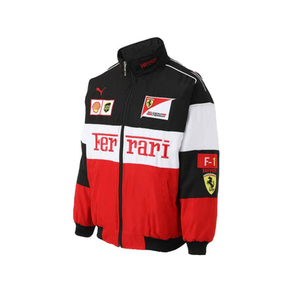 Classic Ferrari racing jacket design, showing the ribbed cuffs and smooth lining. A classic motorsport jacket for fans and collectors alike.