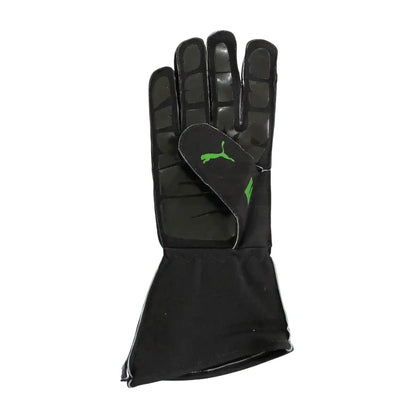 Black Gabriel Bortoleto 2025 Replica Race Gloves F1 Kick Sauber with a green logo on a white background