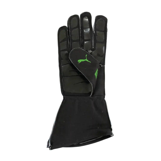 Black Gabriel Bortoleto 2025 Replica Race Gloves F1 Kick Sauber with a green logo on a white background