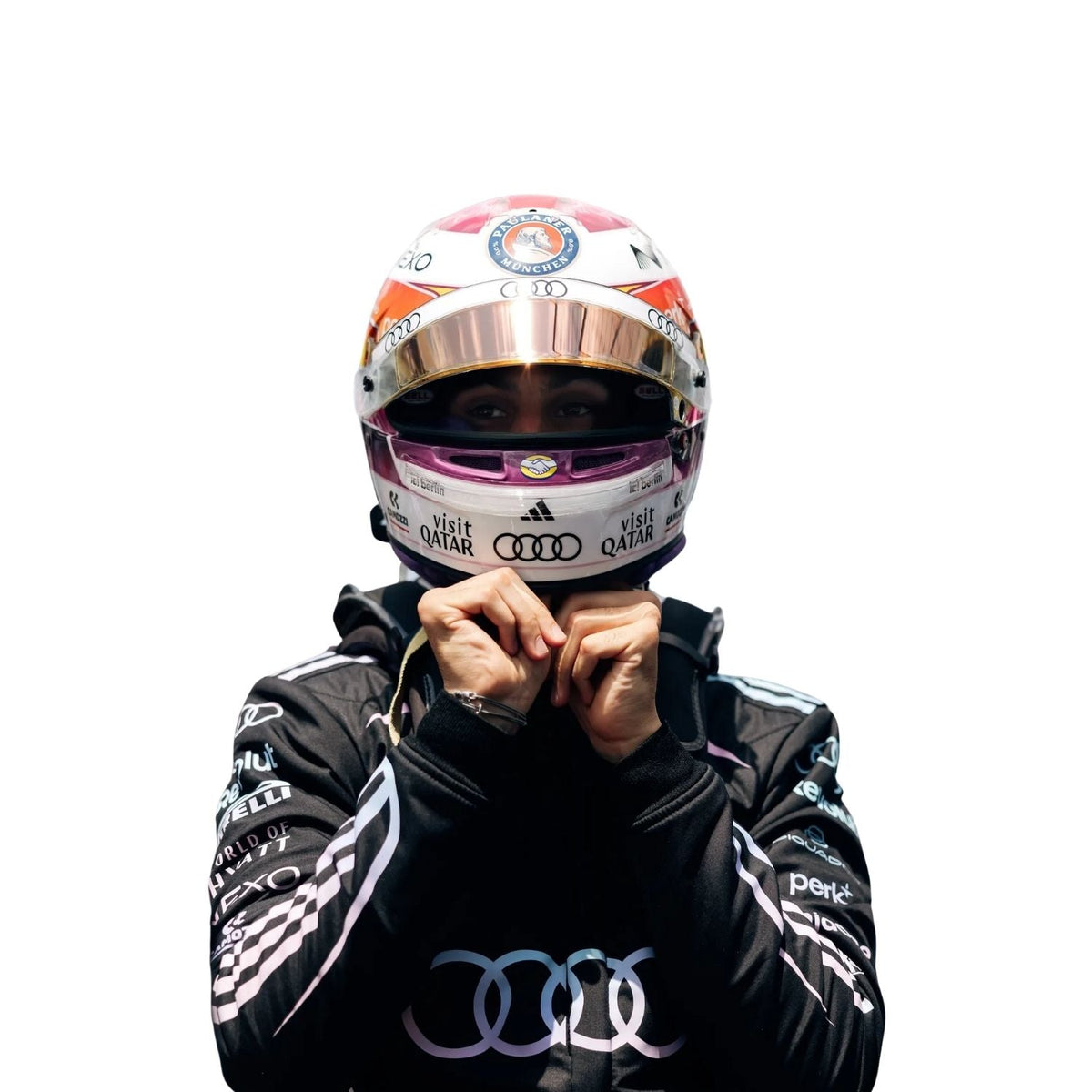 Gabriel Bortoleto wearing a black racing suit with Audi and Revolut logos on a white background close view