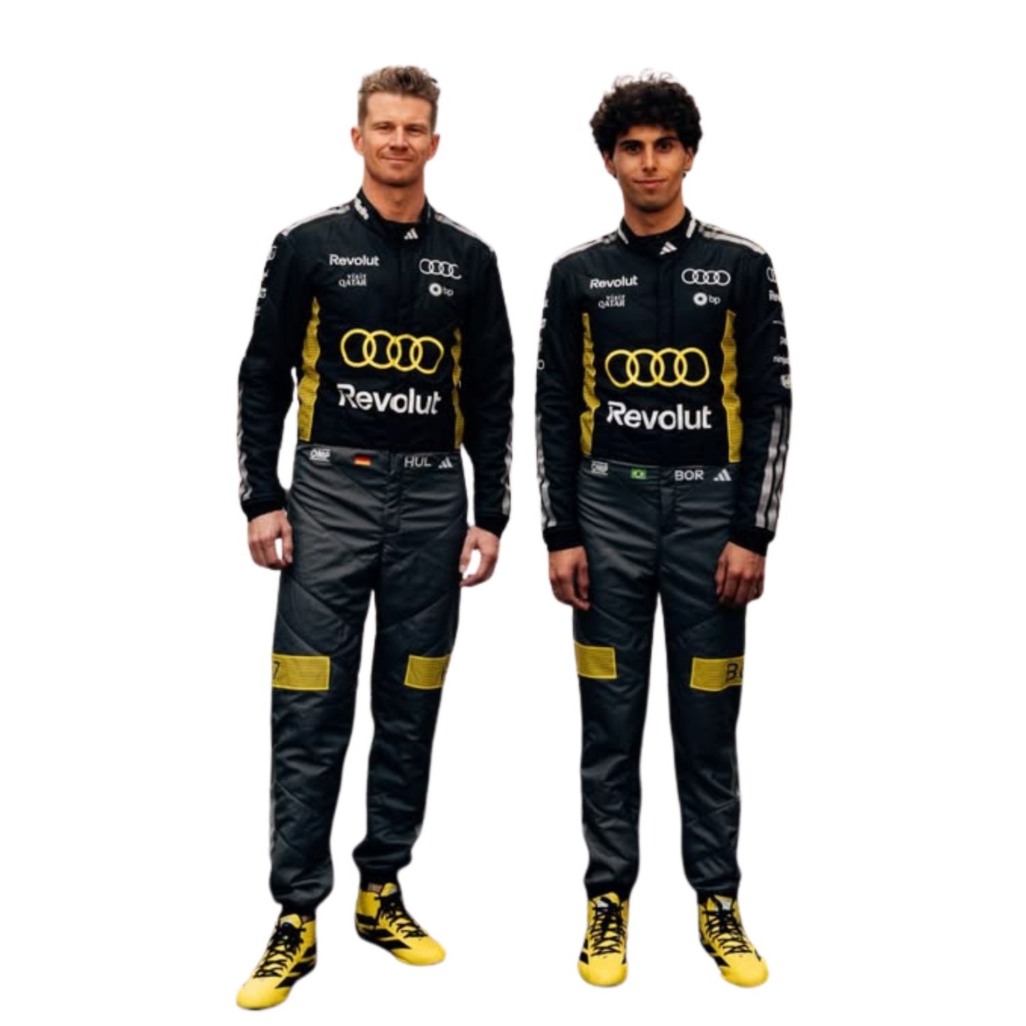 Two individuals wearing Audi racing suits with Revolut branding on a white background