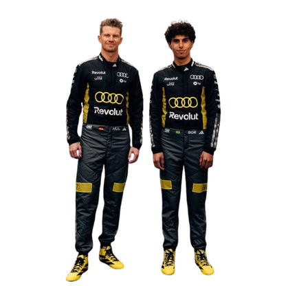 Two individuals wearing Audi racing suits with Revolut branding on a white background