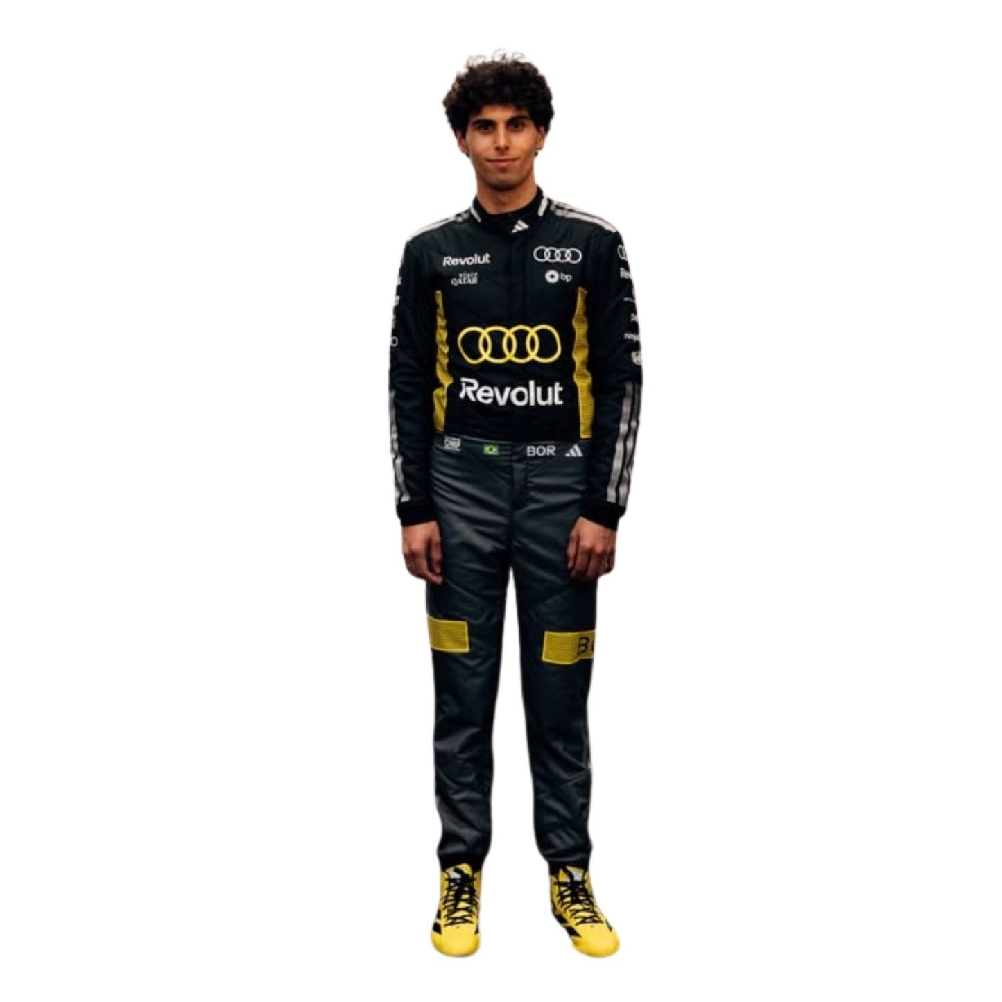 Person wearing an Audi racing suit on a white background