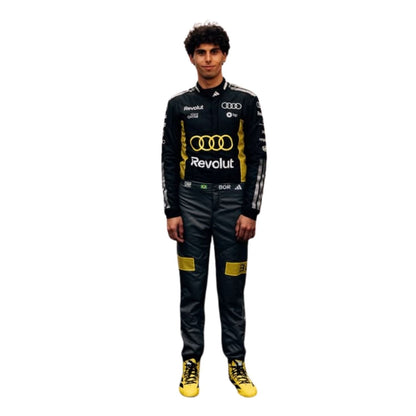 Gabriel Bortoleto in racing suit with helmet on a white background with front view