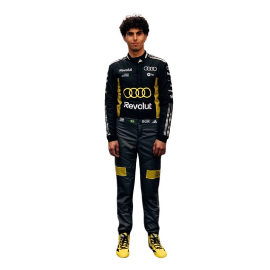 Gabriel Bortoleto in racing suit with helmet on a white background with front view