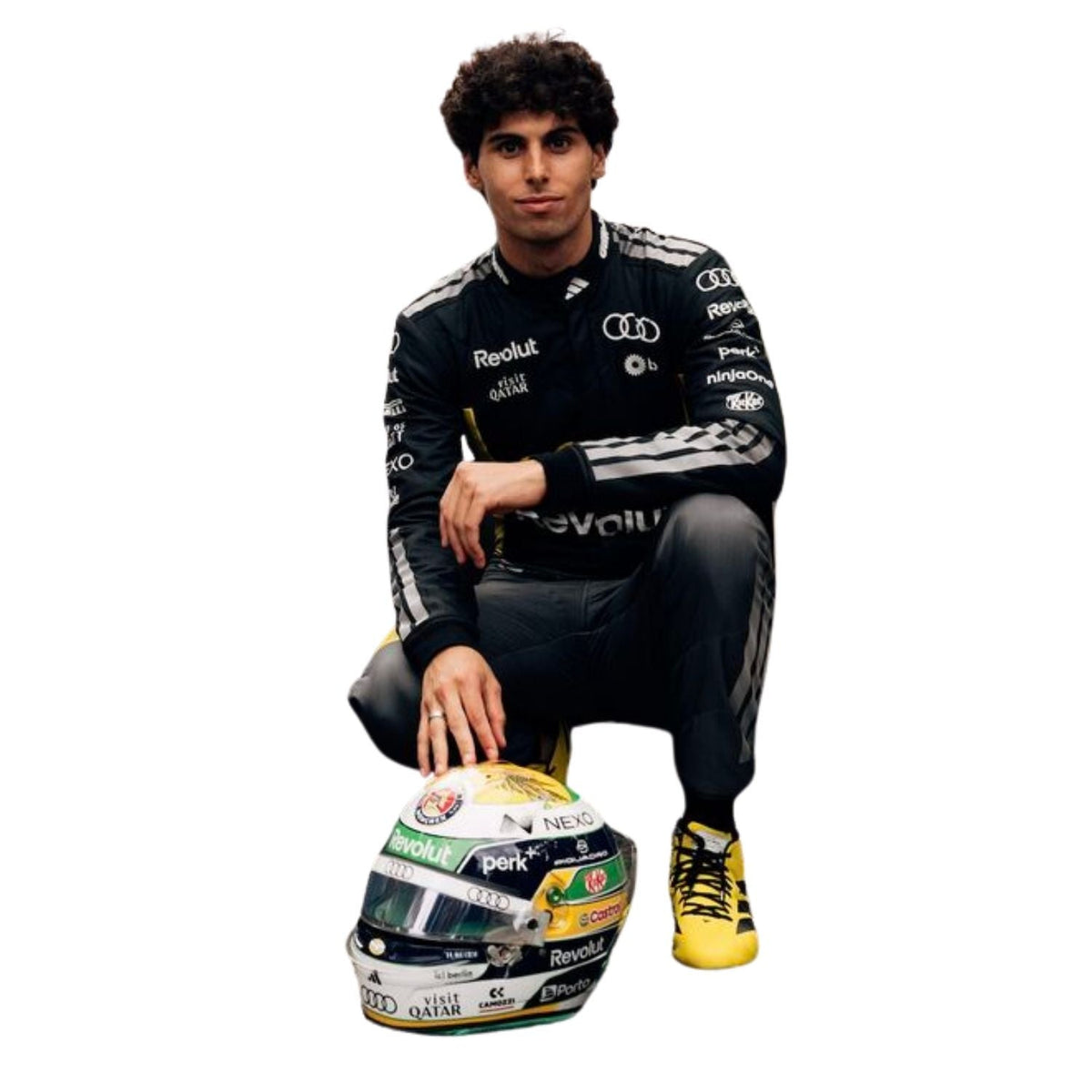 Gabriel Bortoleto in racing suit with helmet on a white background with front view