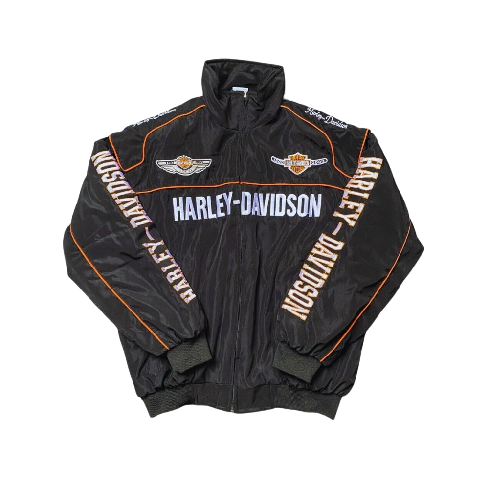 Harley Davidson Retro Motorcycle Bomber Jacket in retro Harley Davidson styling, showing the ribbed cuffs and smooth lining. Old-school racing style for everyday wear.