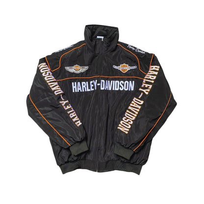 Harley Davidson Retro Motorcycle Bomber Jacket in retro Harley Davidson styling, showing the ribbed cuffs and smooth lining. Old-school racing style for everyday wear.