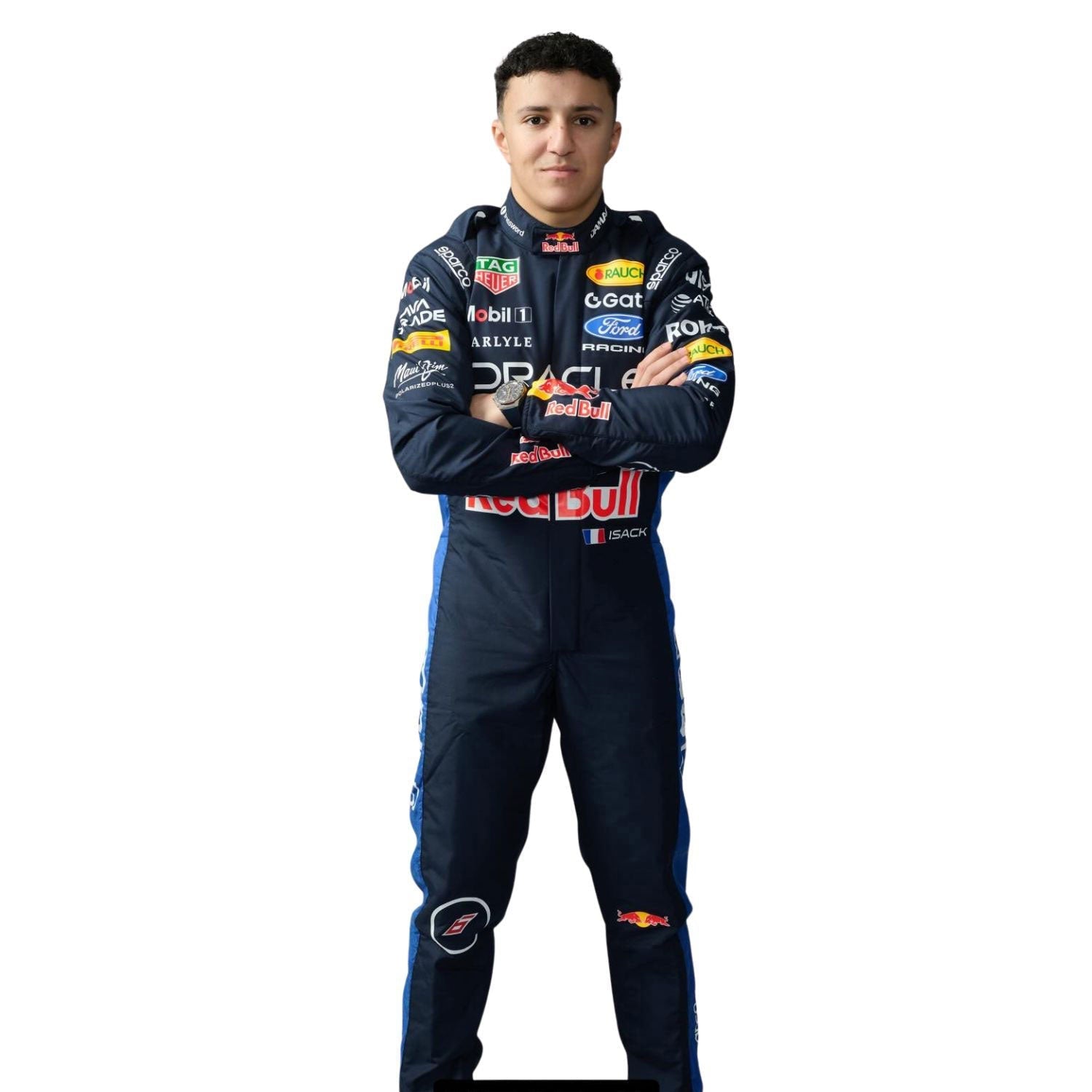 Isack Hadjar F1 Race Red Bull Motorsport Suit Close-Up View
