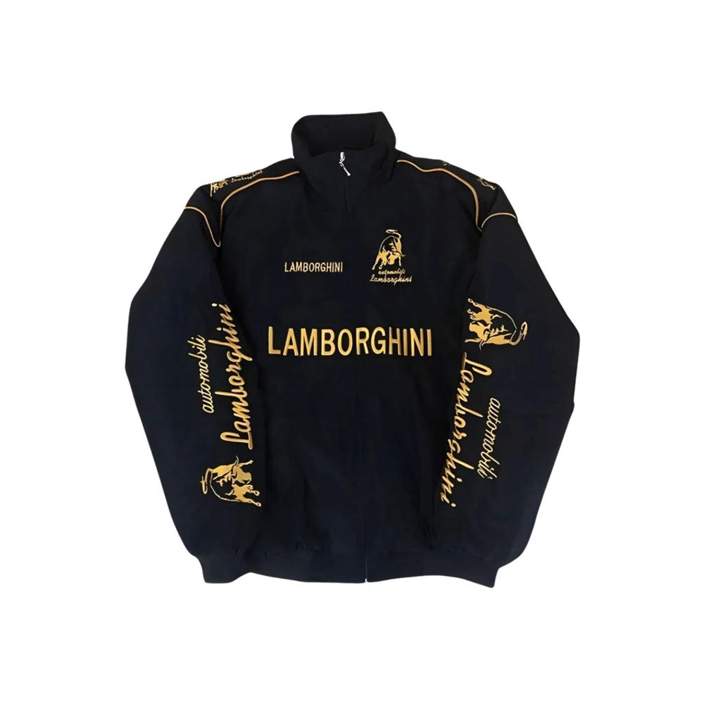 Lamborghini Retro Style F1 Jacket in retro Lamborghini styling, with retro livery colours across the body. Retro race day attire for car meets, circuits and cosplay nights.