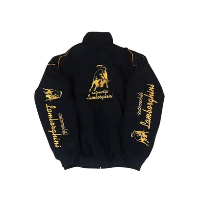 Retro Lamborghini bomber jacket for fans, showing the embroidered chest badge and ribbed collar. Vintage racing attire that layers easily over a hoodie or shirt.