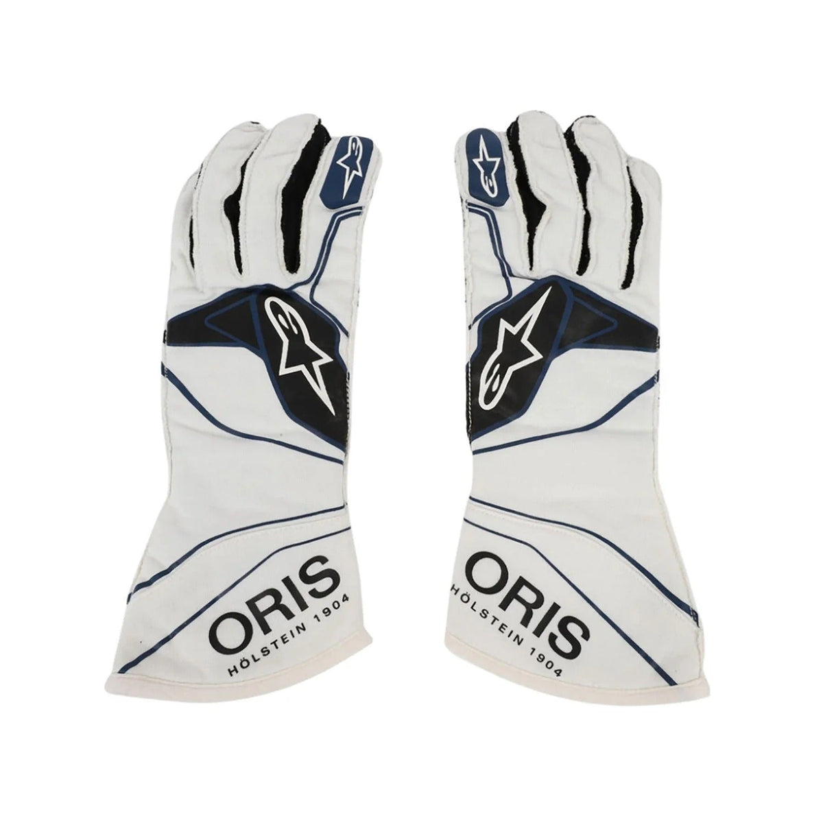 A pair of Alpinestars Oris Lance Stroll 2018 Race Gloves F1 Williams Martini in white, navy, and black, displayed side-by-side against a plain back view.
