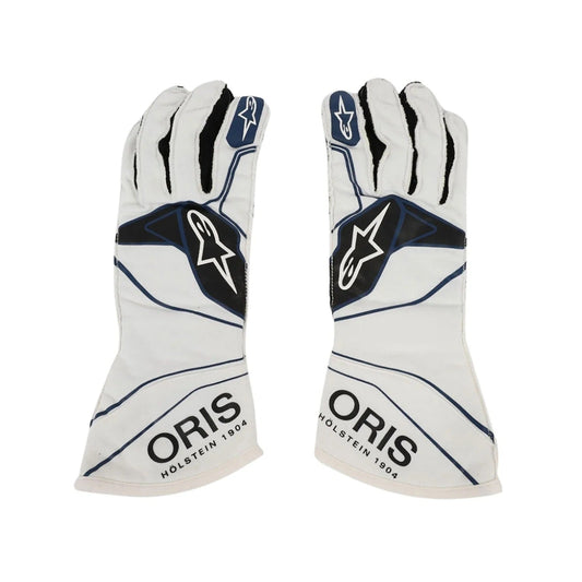 A pair of Alpinestars Oris Lance Stroll 2018 Race Gloves F1 Williams Martini in white, navy, and black, displayed side-by-side against a plain back view.