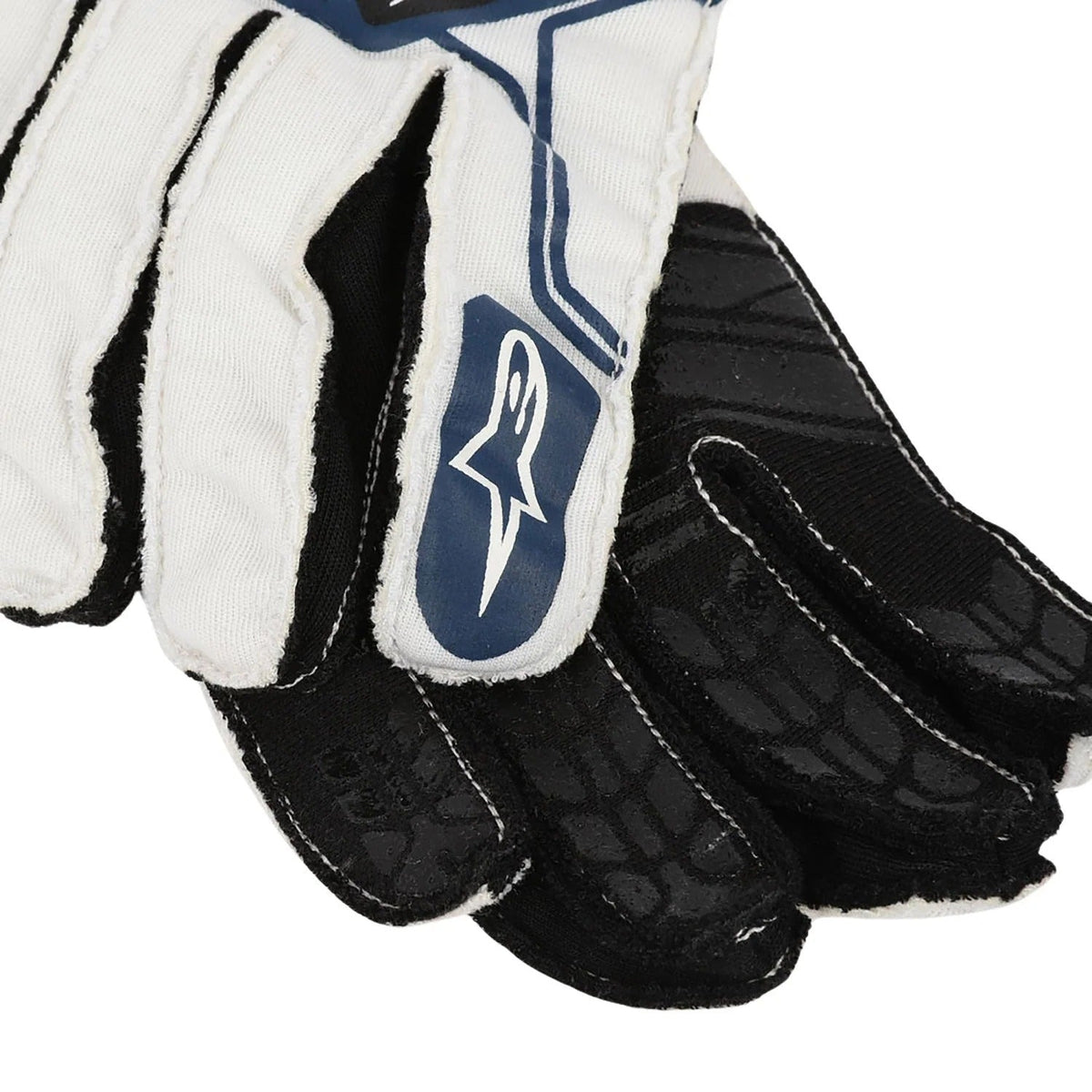 Close-up of a white and black Lance Stroll 2018 Race Gloves F1 Williams Martini with a blue logo closeup view