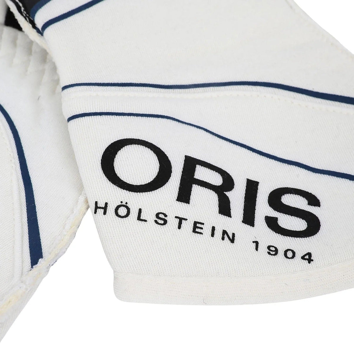 Close-up of a white Lance Stroll 2018 Race Gloves F1 Williams Martini with 'Oris' branding closeup view