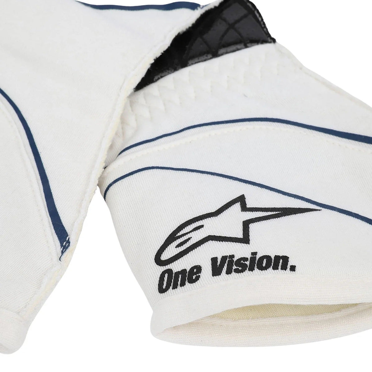 Close-up of a white Lance Stroll 2018 Race Gloves F1 Williams Martini with 'One Vision' logo closeup view