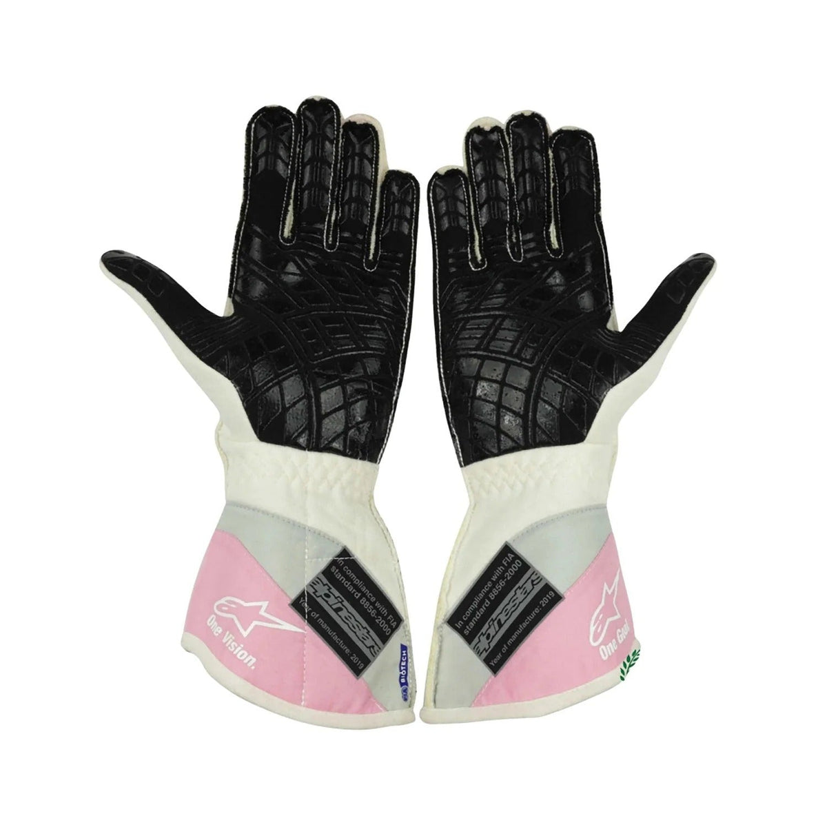 A pair of Alpinestars Lance Stroll 2019 Race Gloves F1 Racing Point shown flat against a white background, featuring black textured palms, white cuffs, and pink and gray sections on the backs.