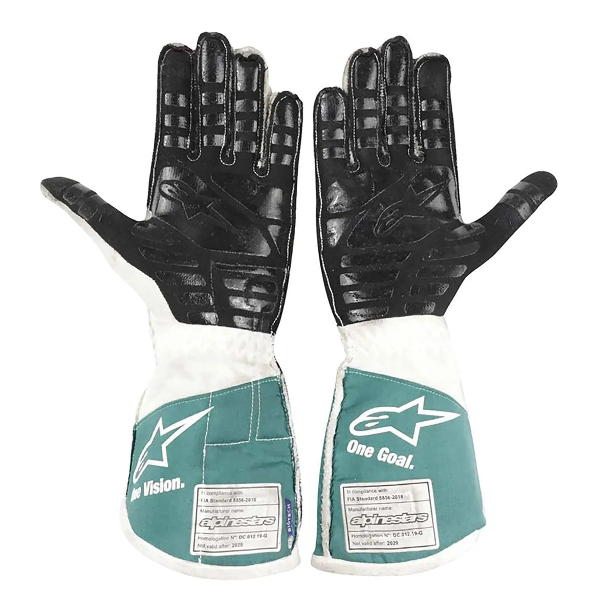 Pair of black and teal Lance Stroll 2021 Replica Race Gloves F1 Aston Martin with visible branding Front View