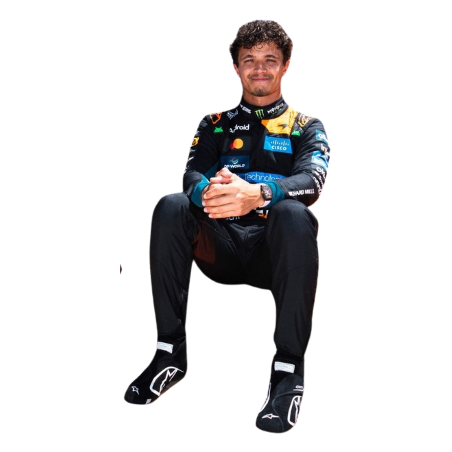 Lando Norris wearing a F1 racing suit McLaren Monaco GP with various sponsor logos on a white background Front View