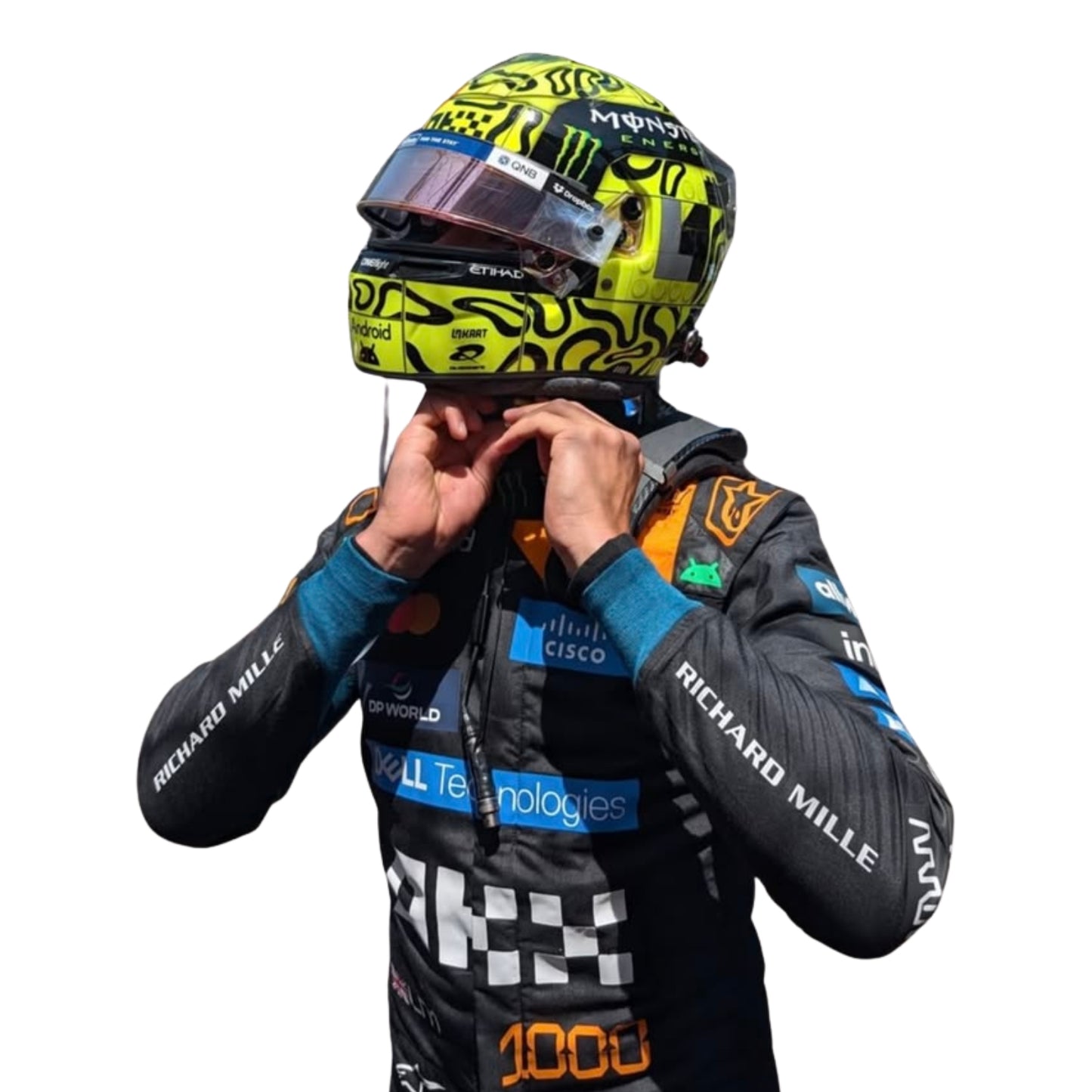 Lando Norris wearing a F1 racing suit McLaren Monaco GP with various sponsor logos on a white background Close View
