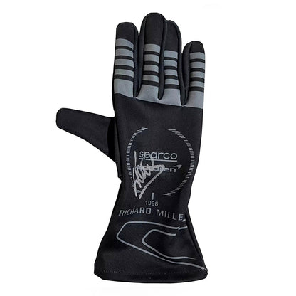 Black Lando Norris Race Gloves F1 laid flat, front view, showing the full racing design and replica stitching