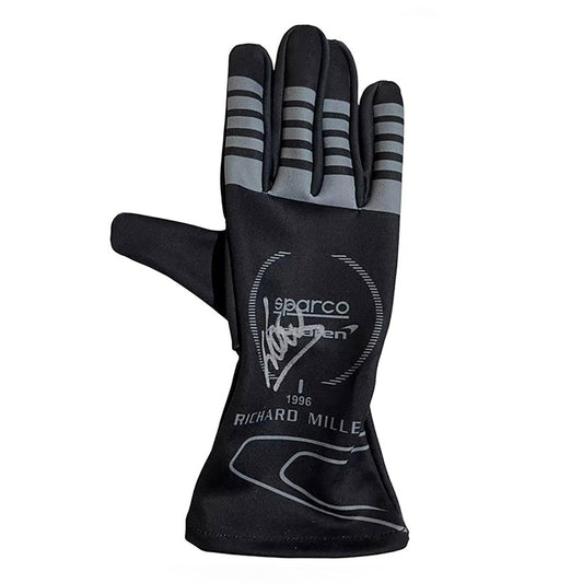 Black Lando Norris Race Gloves F1 laid flat, front view, showing the full racing design and replica stitching