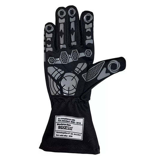 Black Lando Norris Race Gloves F1 laid flat, front view, showing the full racing design and replica stitching