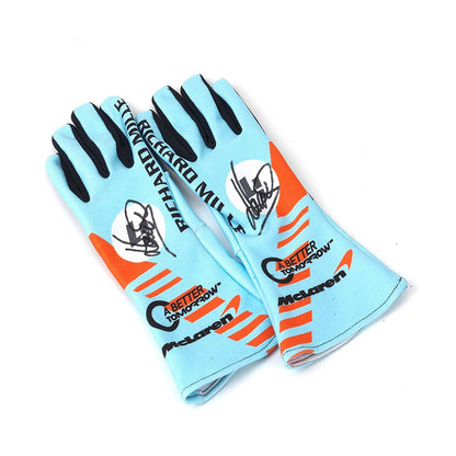 Blue Lando Norris Special Gulf Edition Race Gloves F1 laid flat, front view, showing the full racing design and replica stitching