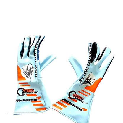 Blue Lando Norris Special Gulf Edition Race Gloves F1 shown side-on, highlighting the wrist strap and grip texture for grand prix use