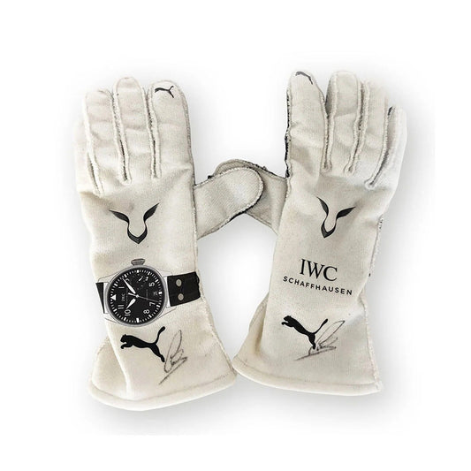 Pair of white Lewis Hamilton 2019 Race Gloves F1 Mercedes with IWC logo and watch design back view