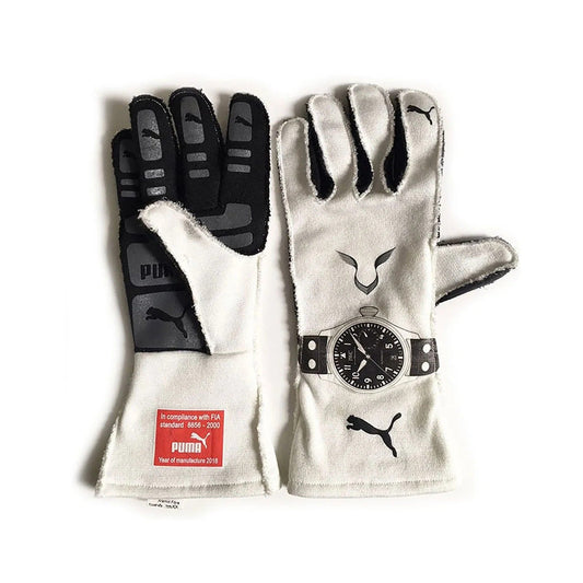 Pair of white Lewis Hamilton 2019 Race Gloves F1 Mercedes with black accents and Puma logo front and back view