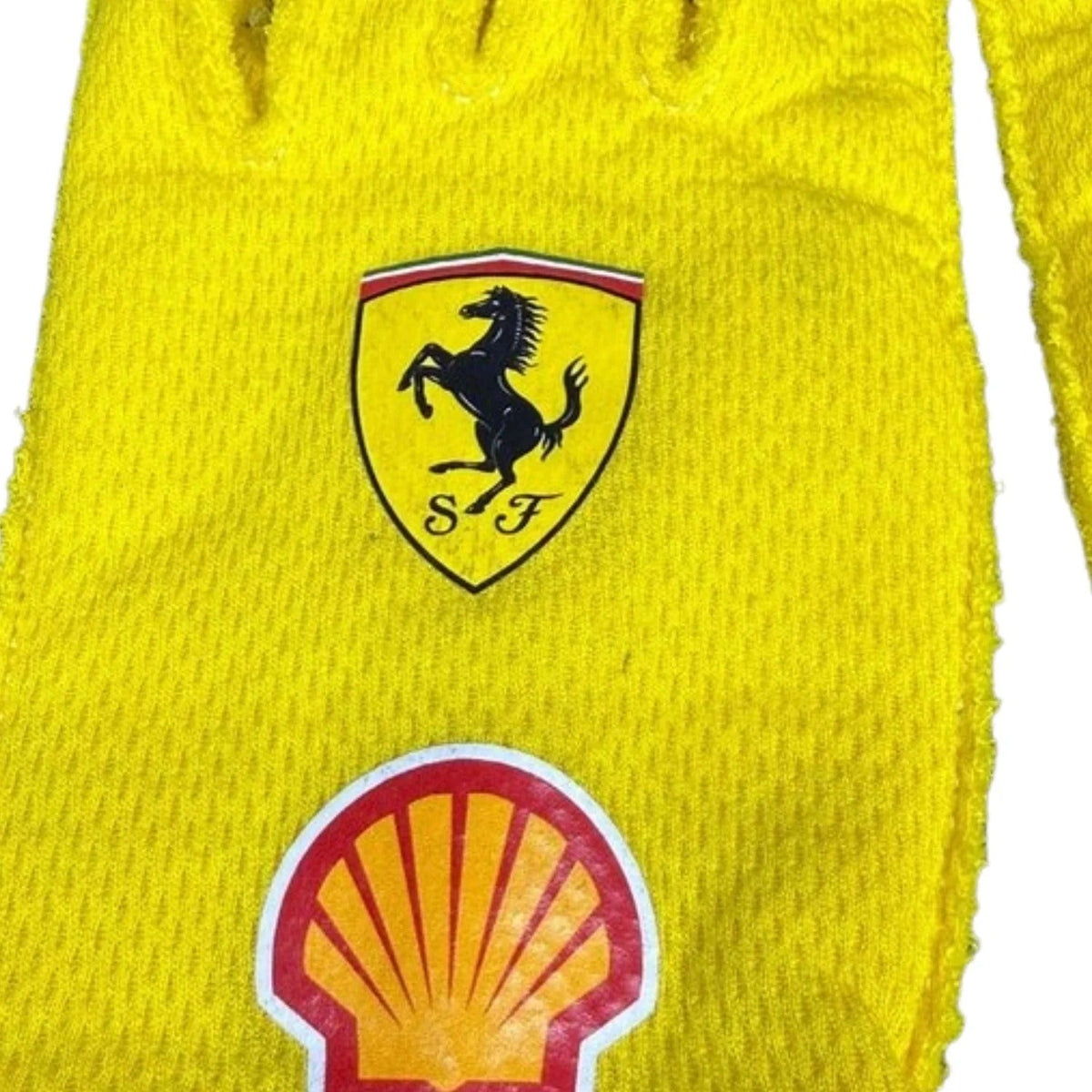 Yellow Lewis Hamilton 2025 Yellow Replica Race Gloves F1 Ferrari with Ferrari and Shell logos close up view