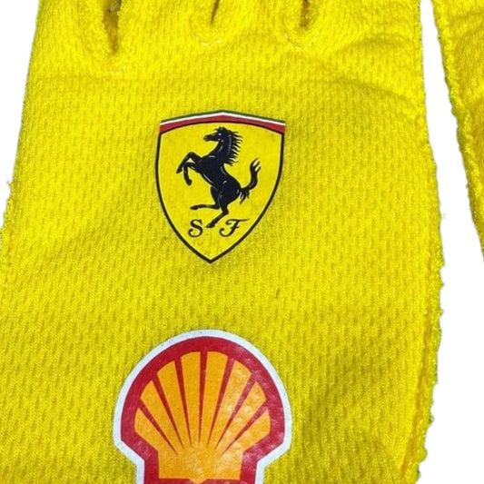 Yellow Lewis Hamilton 2025 Yellow Replica Race Gloves F1 Ferrari with Ferrari and Shell logos close up view
