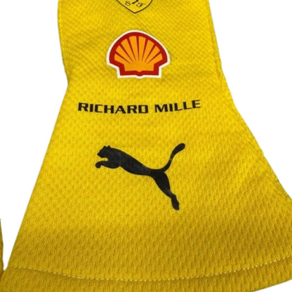Yellow Lewis Hamilton 2025 Yellow Replica Race Gloves F1 Ferrari with Puma, Shell, and Richard Mille logos close up view