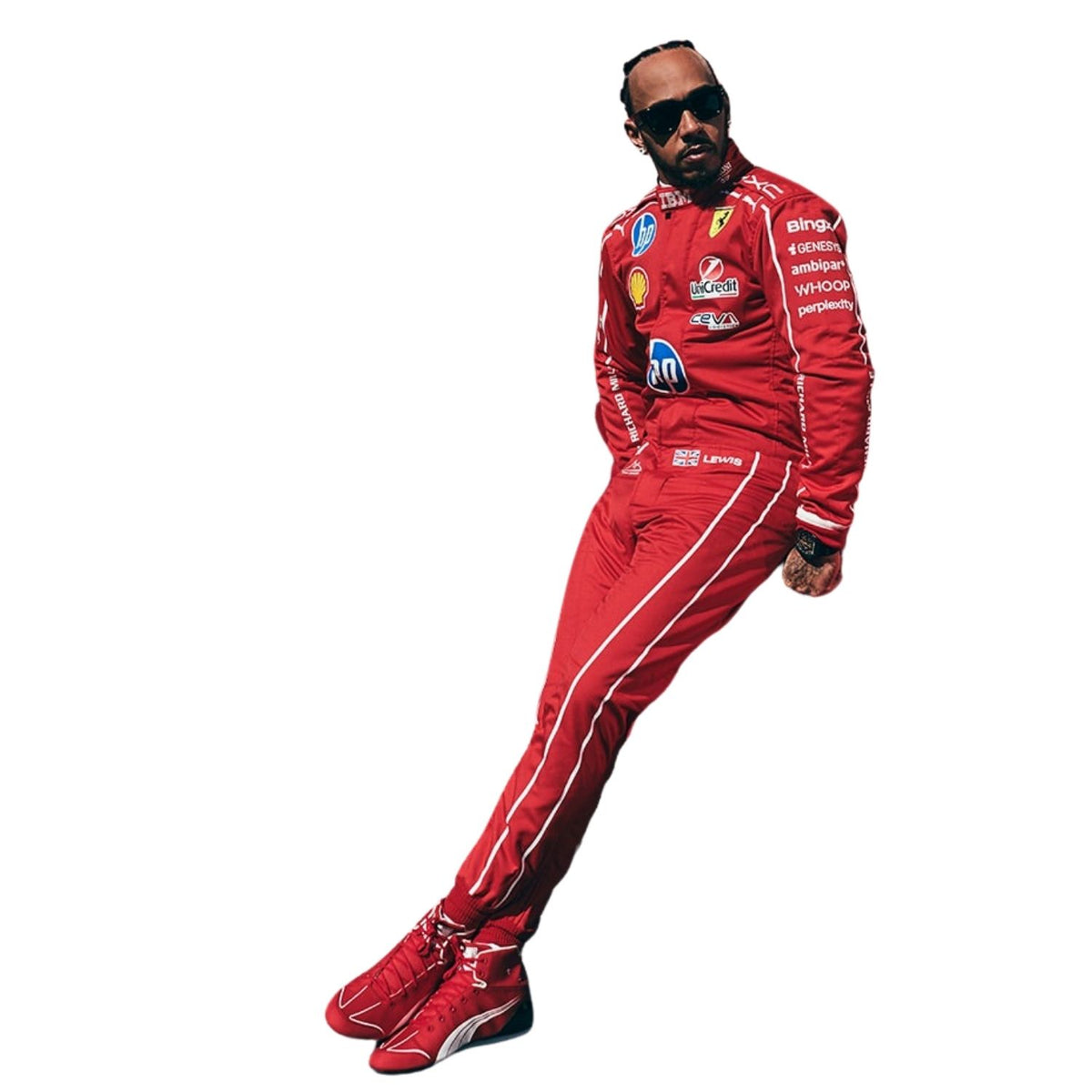 A Formula 1 driver Lewis Hamilton wearing a red Scuderia Ferrari racing suit with sponsor logos, matching red Ferrari shoes, and sunglasses, set against a solid white background.