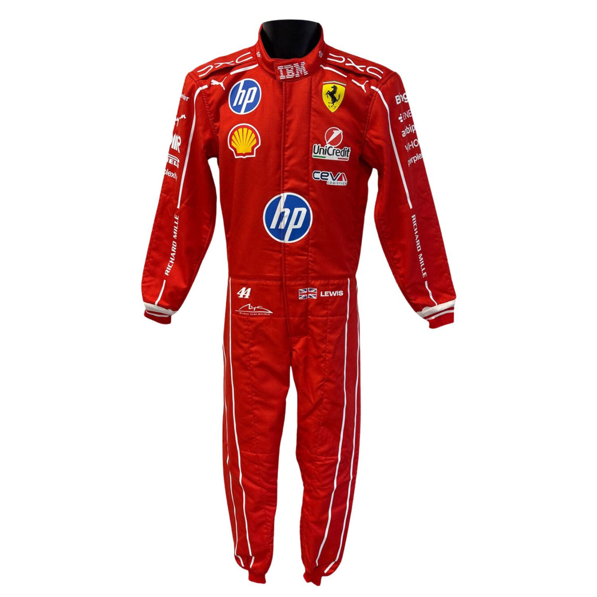 A red Ferrari racing suit with white piping and multiple sponsor logos including HP, Shell, and Lenovo, shown on a plain white background.