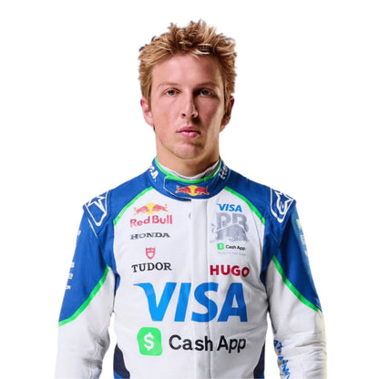 Liam Lawson 2025 F1 Race Costume Replica VCARB with various sponsor logos closeup view