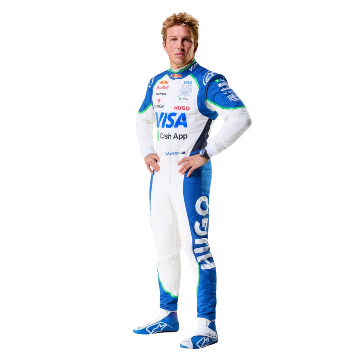 A man modeling a full-body Liam Lawson 2025 F1 Race Costume Replica VCARB with blue panels and multiple sponsor logos, including VISA and Hugo.