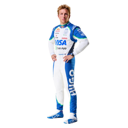 A man modeling a full-body Liam Lawson 2025 F1 Race Costume Replica VCARB with blue panels and multiple sponsor logos, including VISA and Hugo.