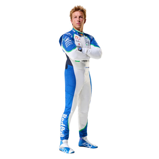 Liam Lawson 2025 F1 Race Costume Replica VCARB: a blue, white, and green full-body racing suit with sponsor logos, standing with arms crossed against a plain white background.