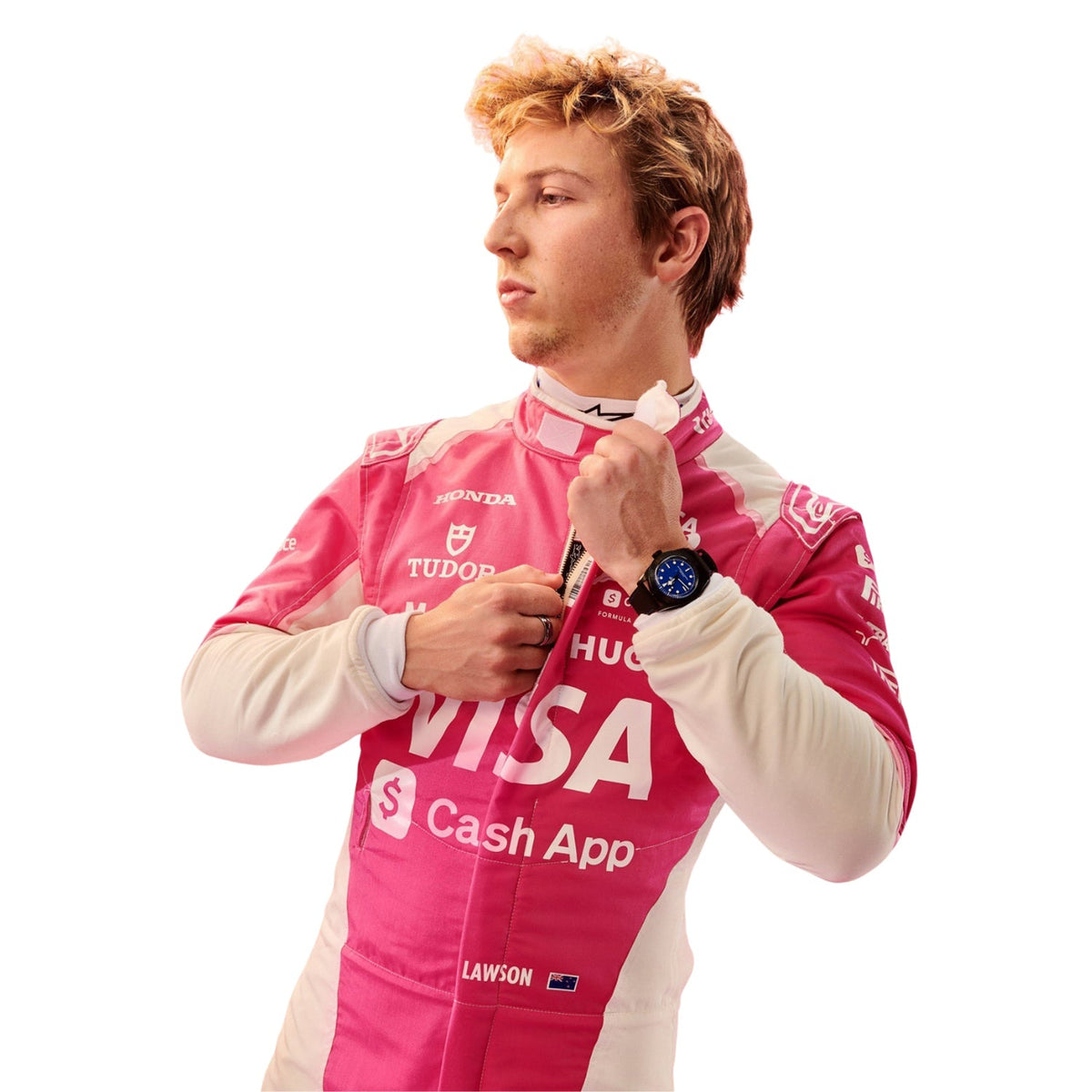 Liam Lawson 2025 F1 Race Suit VCARB Miami GP with sponsor logos including Visa and Honda, adjusting the collar of his suit closeup view.