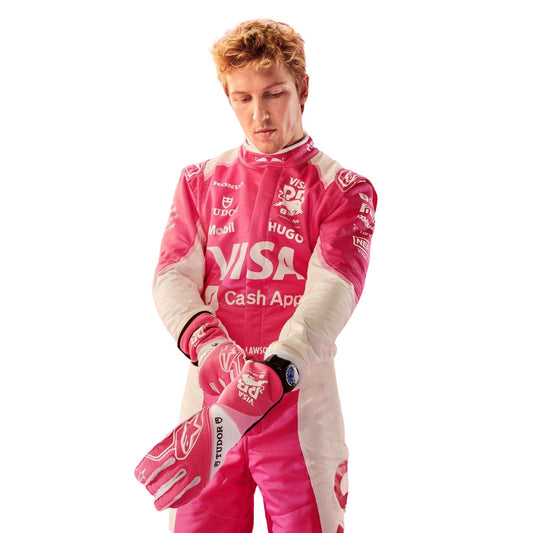 Liam Lawson 2025 F1 Race Suit VCARB Miami GP with sponsor logos like Visa and Hugo, along with matching pink gloves, photographed against a plain white background.