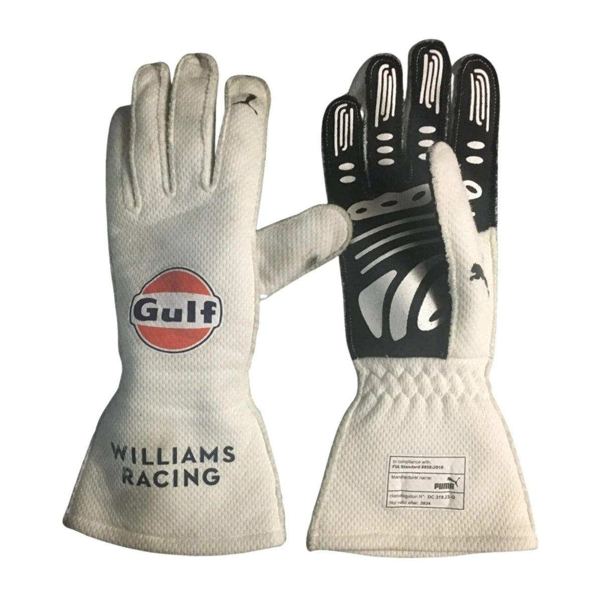 Pair of Logan Sargeant 2024 Race Gloves F1 Williams with Gulf and Williams Racing branding front and back view