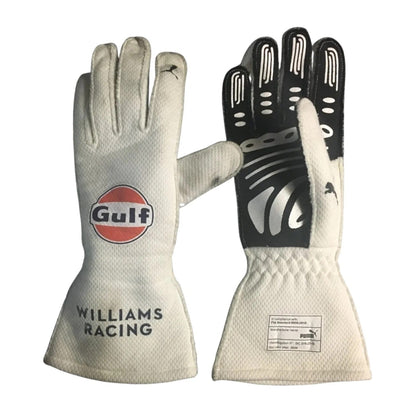 Pair of Logan Sargeant 2024 Race Gloves F1 Williams with Gulf and Williams Racing branding front and back view