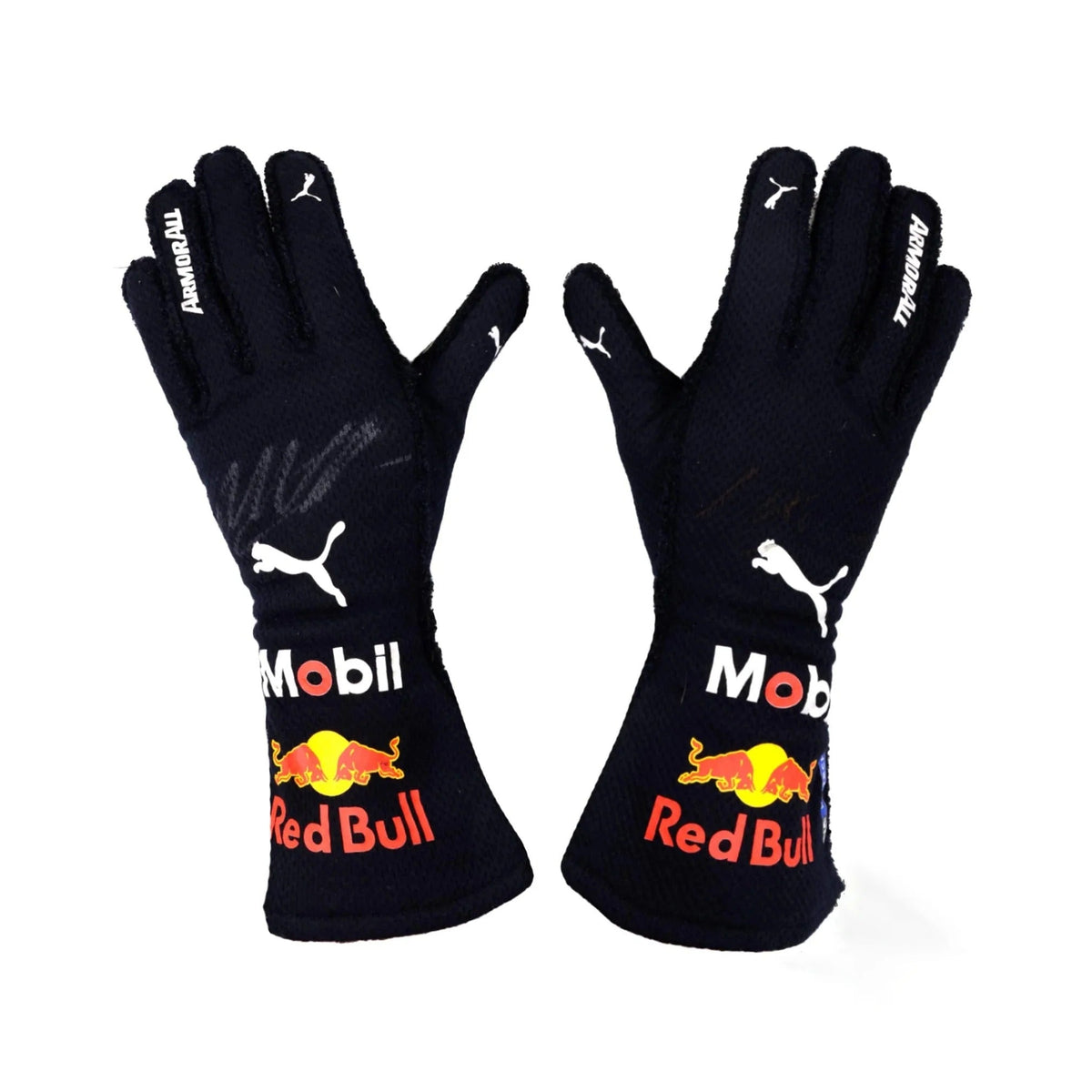 Black Max Verstappen 2022 World Champion Season Race Gloves F1 Red Bull with Red Bull and Puma logos back view.