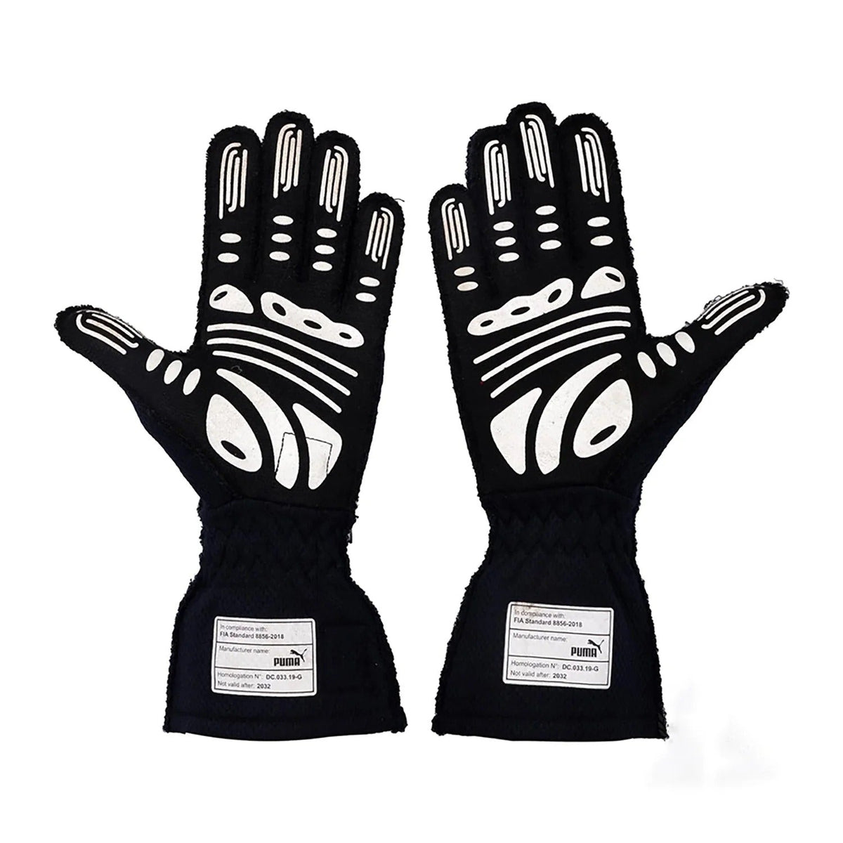 Pair of black Max Verstappen 2022 World Champion Season Race Gloves F1 Red Bull with white accents front view