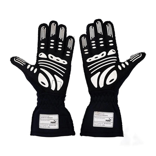 Pair of black Max Verstappen 2022 World Champion Season Race Gloves F1 Red Bull with white accents front view