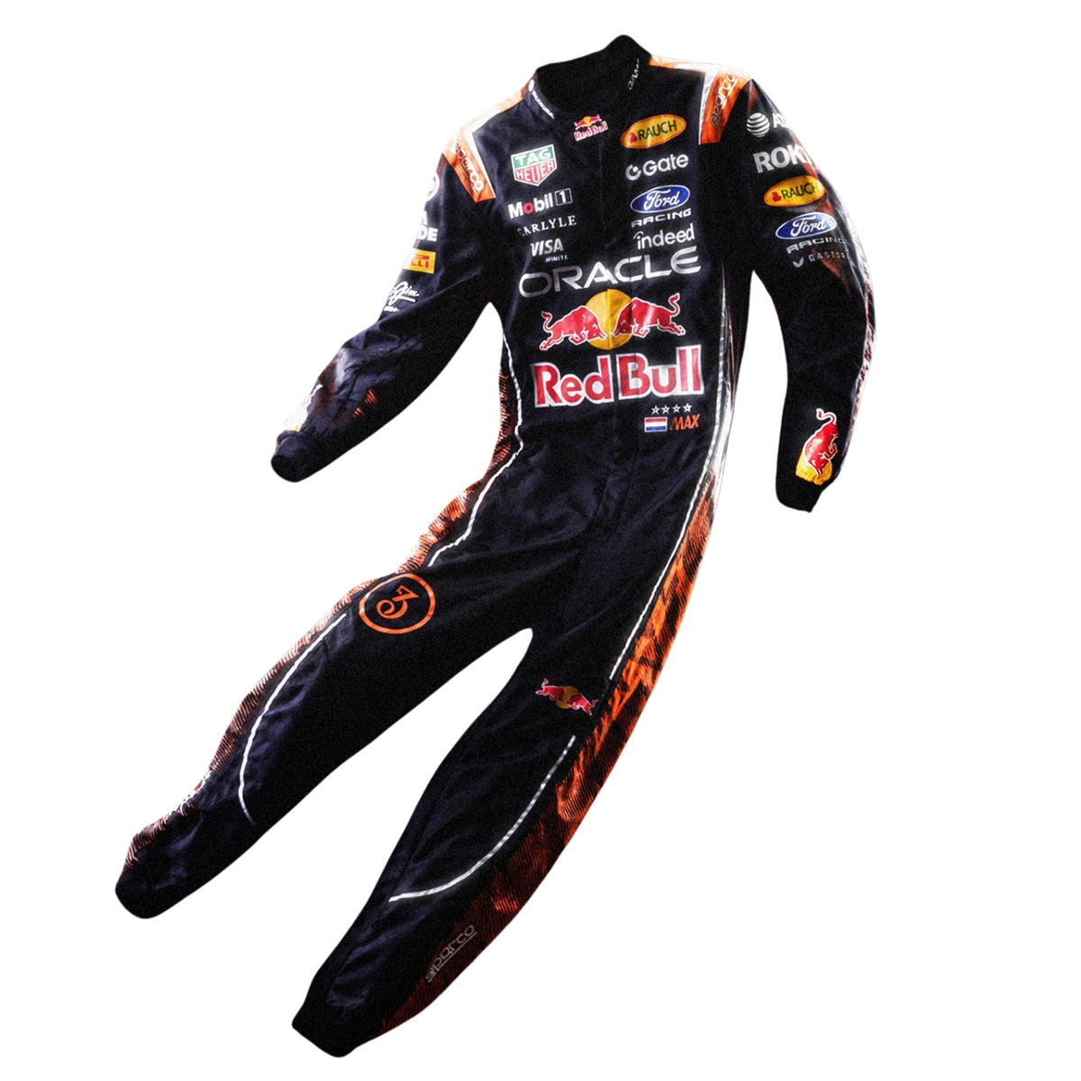 A full-length racing suit with long sleeves and legs, featuring prominent Red Bull, Oracle, Ford, and Toyota logos, displayed against a solid white background.