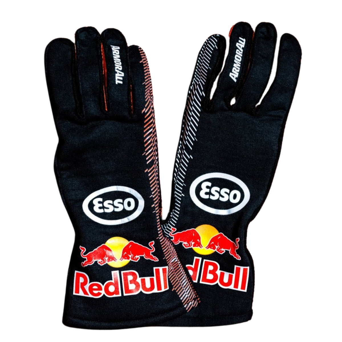 A pair of black Max Verstappen & Isack Hadjar 2026 Dutch GP Race Gloves Replica F1 Red Bull with Esso branding, featuring the red bull logo and sponsor logos on the back of the hands, shown against a plain white background.